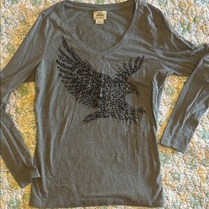 Ariat Gray Long Sleeve Top with Bling Black Embellished Eagle